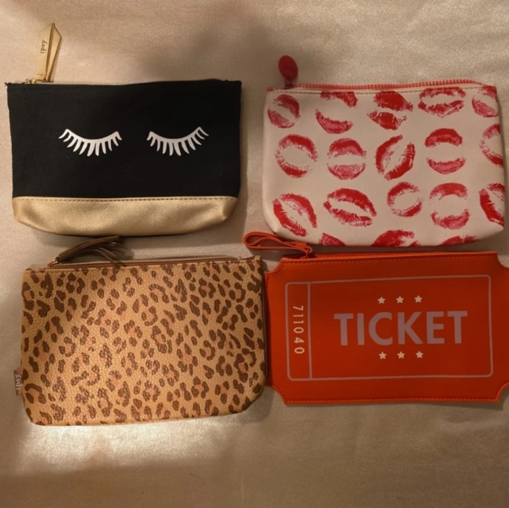 Ipsy Makeup Bag Bundle – 4 Fun Cosmetic Pouches (Lips, Leopard, Ticket, Lashes)